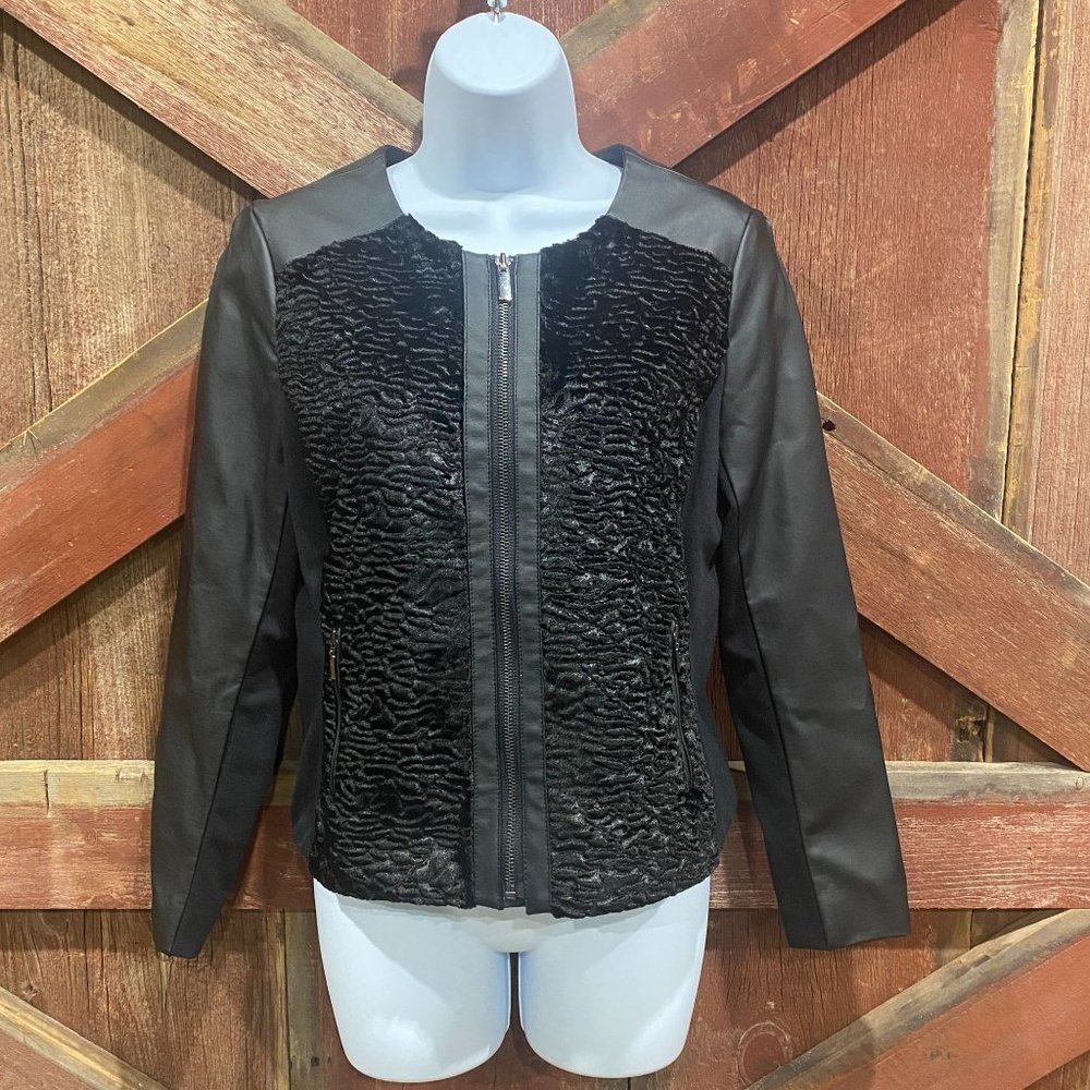 Alfani Faux Leather Black Jacket Medium Petite MP Shirred Front Stretch READ